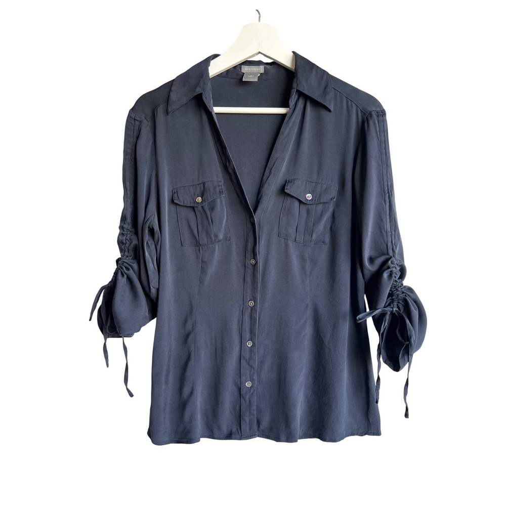 Vintage Ann Taylor Navy Blue Ruched Sleeve Button Down Blouse Size 8